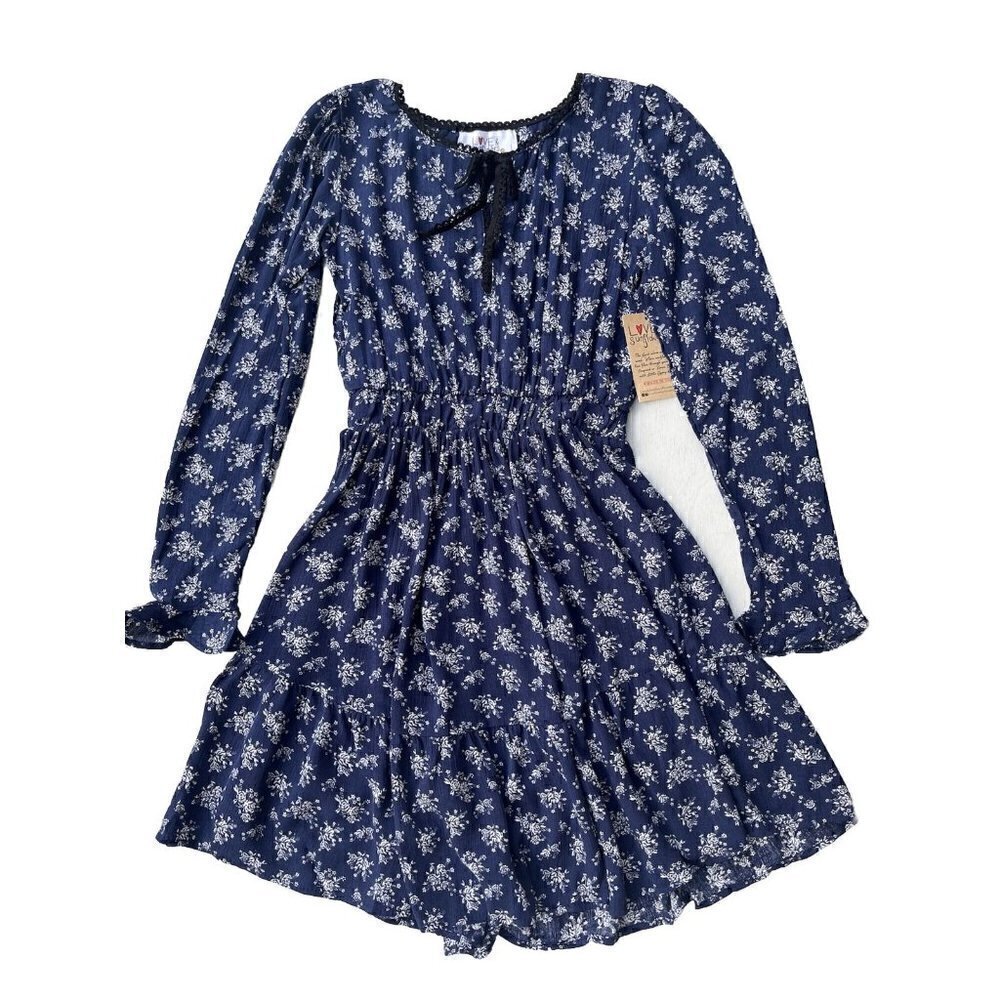Love & Sunflower Tween Juniors Floral Casual Navy Blue Fit & Flare Dress Size XL - Picture 7 of 10